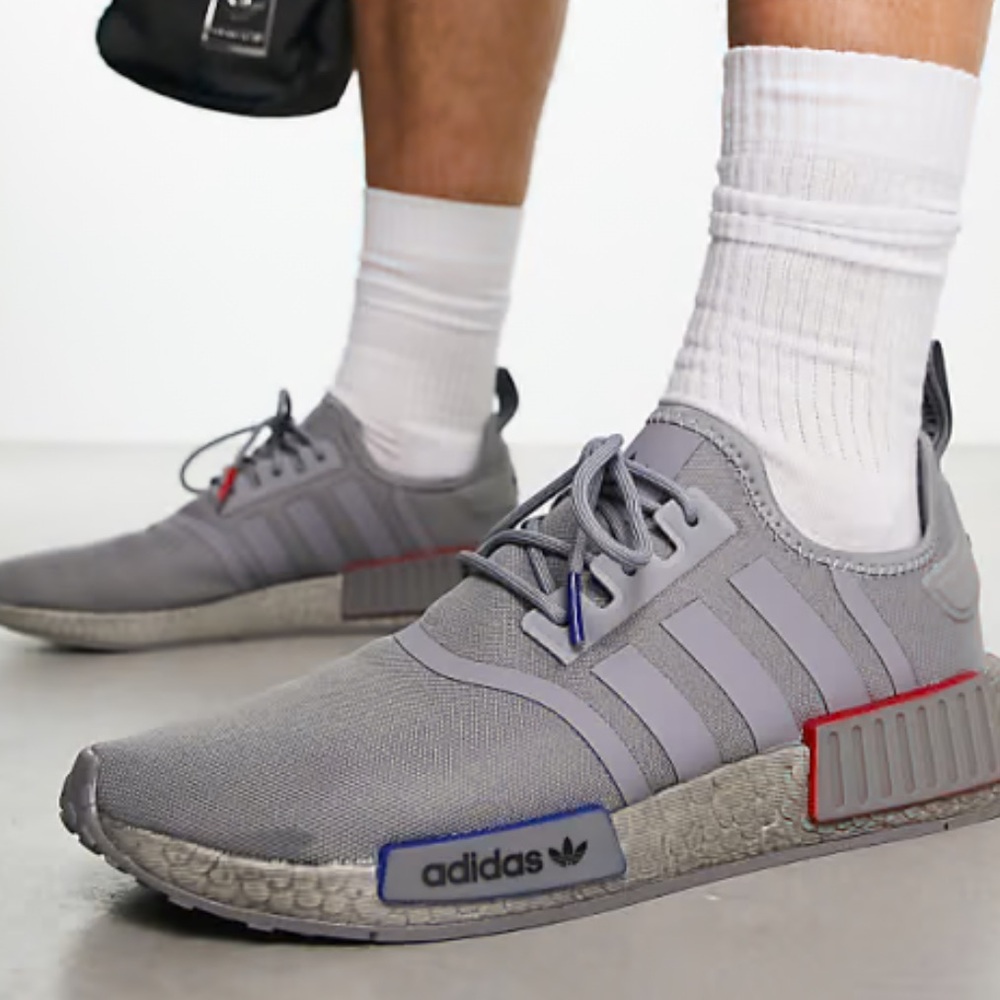 Adidas NMD R1 Gray red blue athletic active sneakers shoes lace up size 9